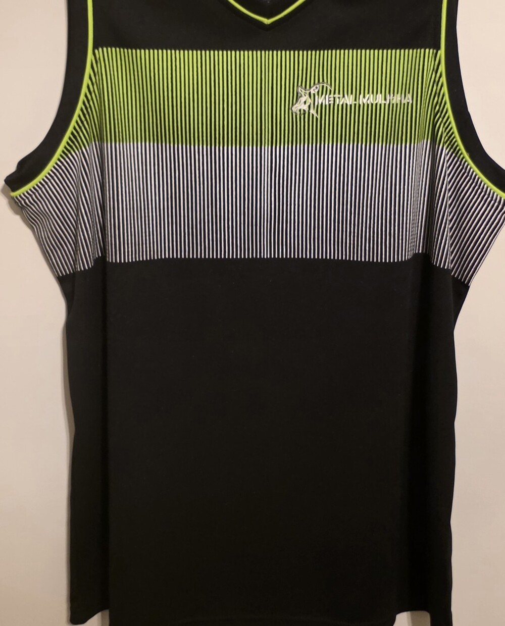 Y2k Metal Mulisha Tank Top black, lime green, and grey stripe pinstripe design.